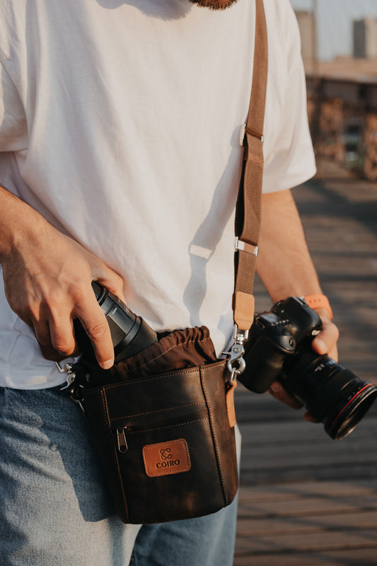 Camera Lens Pouch Bag with Cross Shoulder Strap Brown