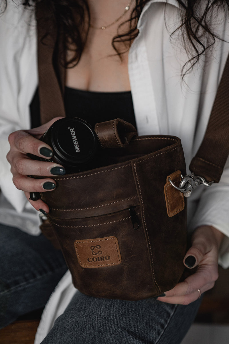 Camera Lens Pouch Bag with Cross Shoulder Strap Brown – Coiro Shop